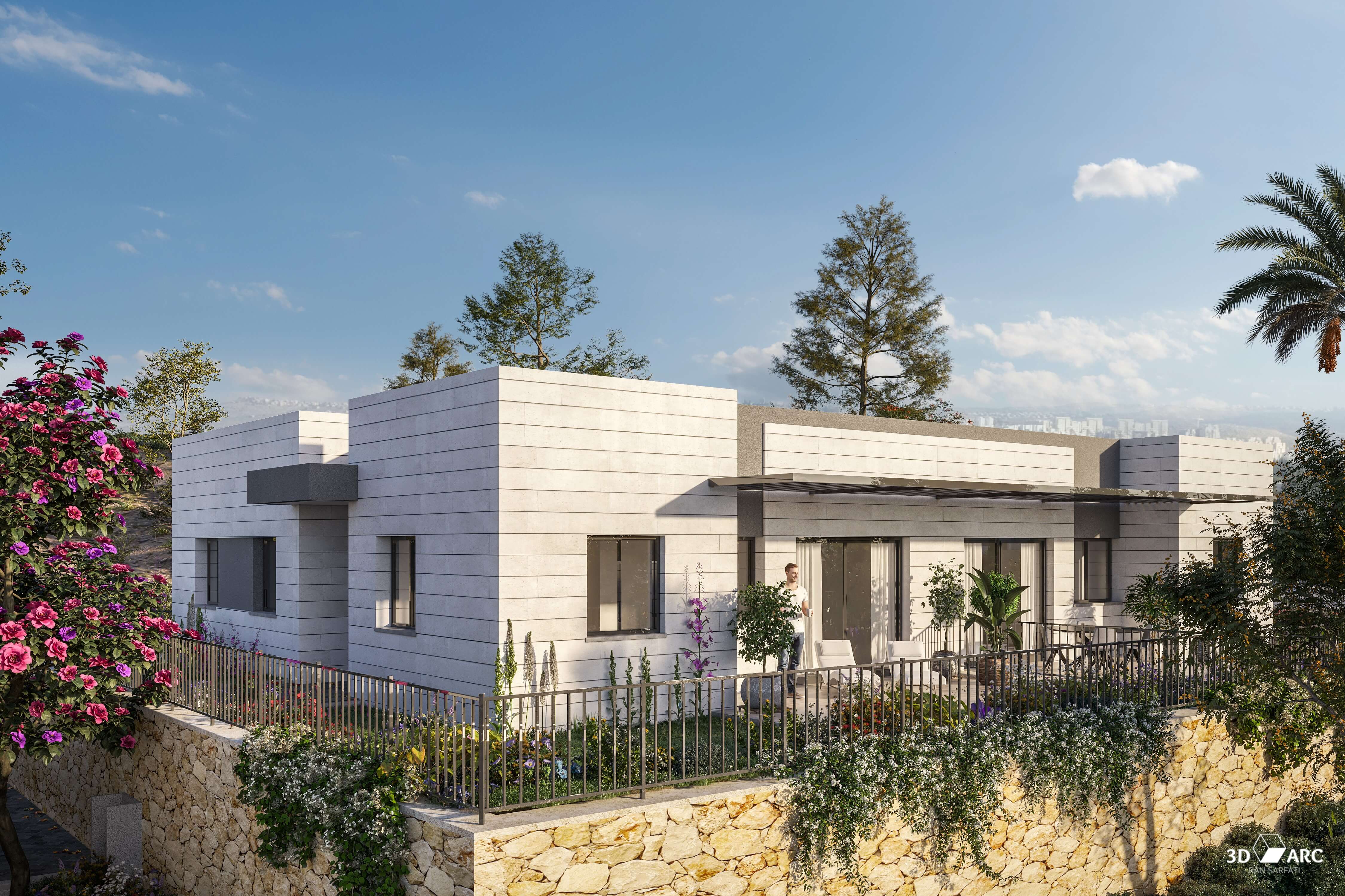 בתים עם גינות עם עצים וצמח מטפס על הקיר, מדרגות, מדרכה ומכוניות חונות